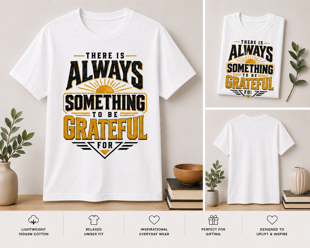 White short-sleeve graphic T-shirt shown in multiple views on a styled flat-lay background. The main shirt features a large front print reading 'THERE IS ALWAYS SOMETHING TO BE GRATEFUL FOR' in black and mustard yellow with a sun motif.