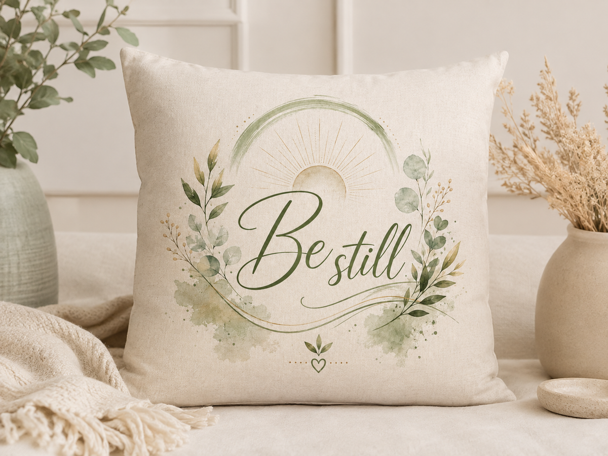 Be Still sage green botanical inspirational 40x40cm cushion by Keep Your Spirit Alive