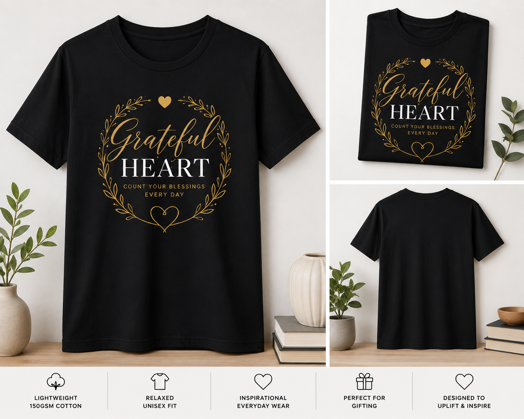Black short-sleeve graphic T-shirt shown in multiple views on a light neutral background, with a gold circular wreath and the words 'Grateful Heart' printed on the front. The collage includes front, back, and folded views, plus small decorative plants and books.