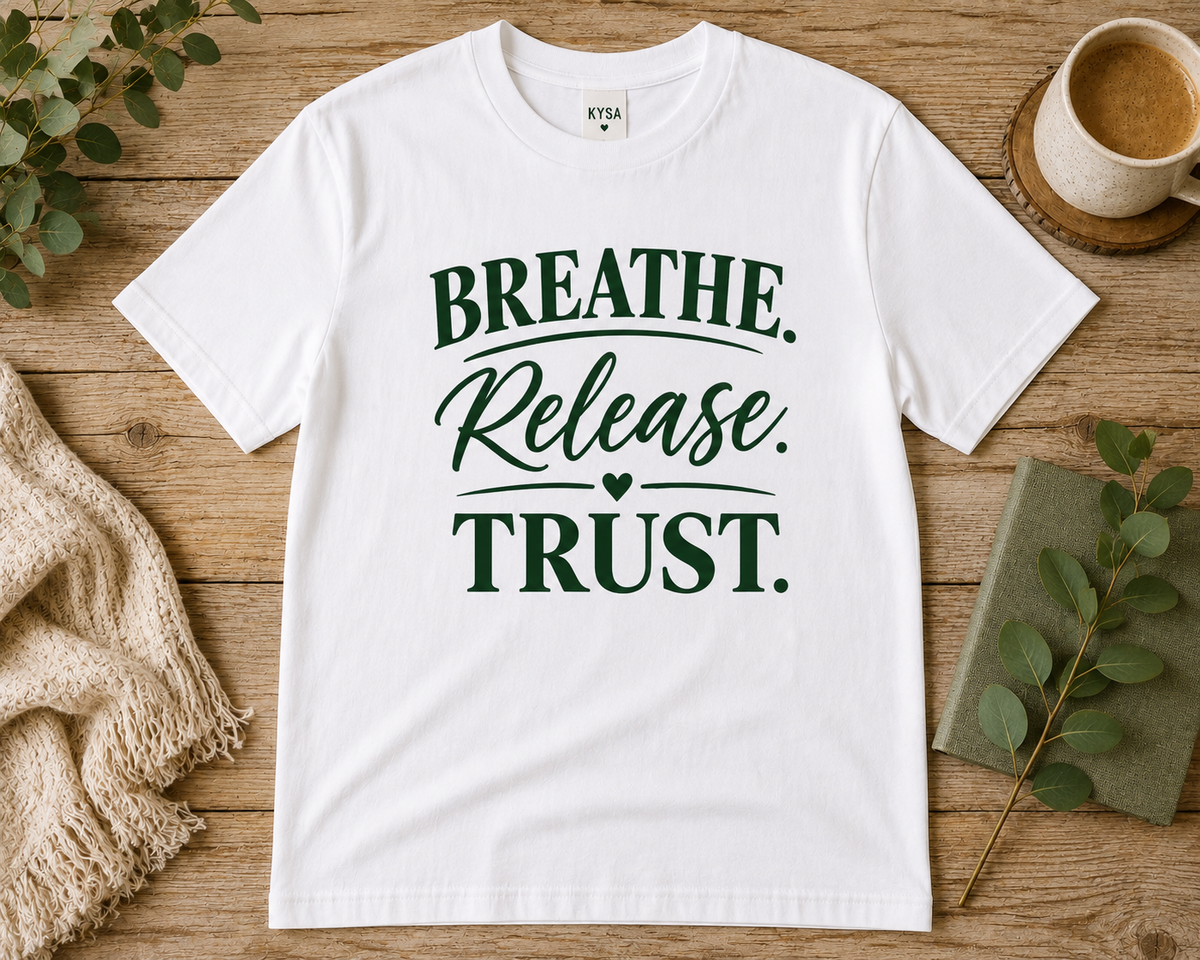 White Breathe Release Trust inspirational T-shirt with forest green lettering by Keep Your Spirit Alive®
