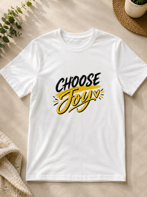 White Choose Joy inspirational T-shirt with black and golden yellow lettering by Keep Your Spirit Alive®