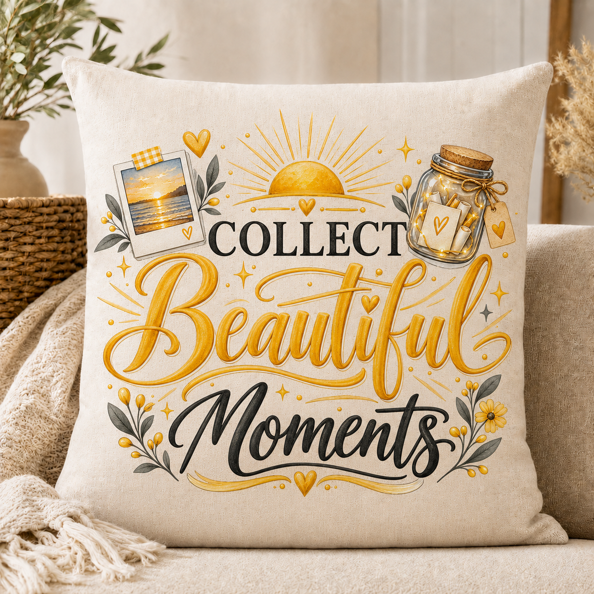 A square throw pillow in a warm cream fabric, printed with the phrase 'COLLECT Beautiful Moments' in black and gold lettering, surrounded by decorative illustrations of a sun, a mason jar, flowers, and a photo frame. The pillow is styled on a beige sofa with a knit blanket and dried grass decor in the background.