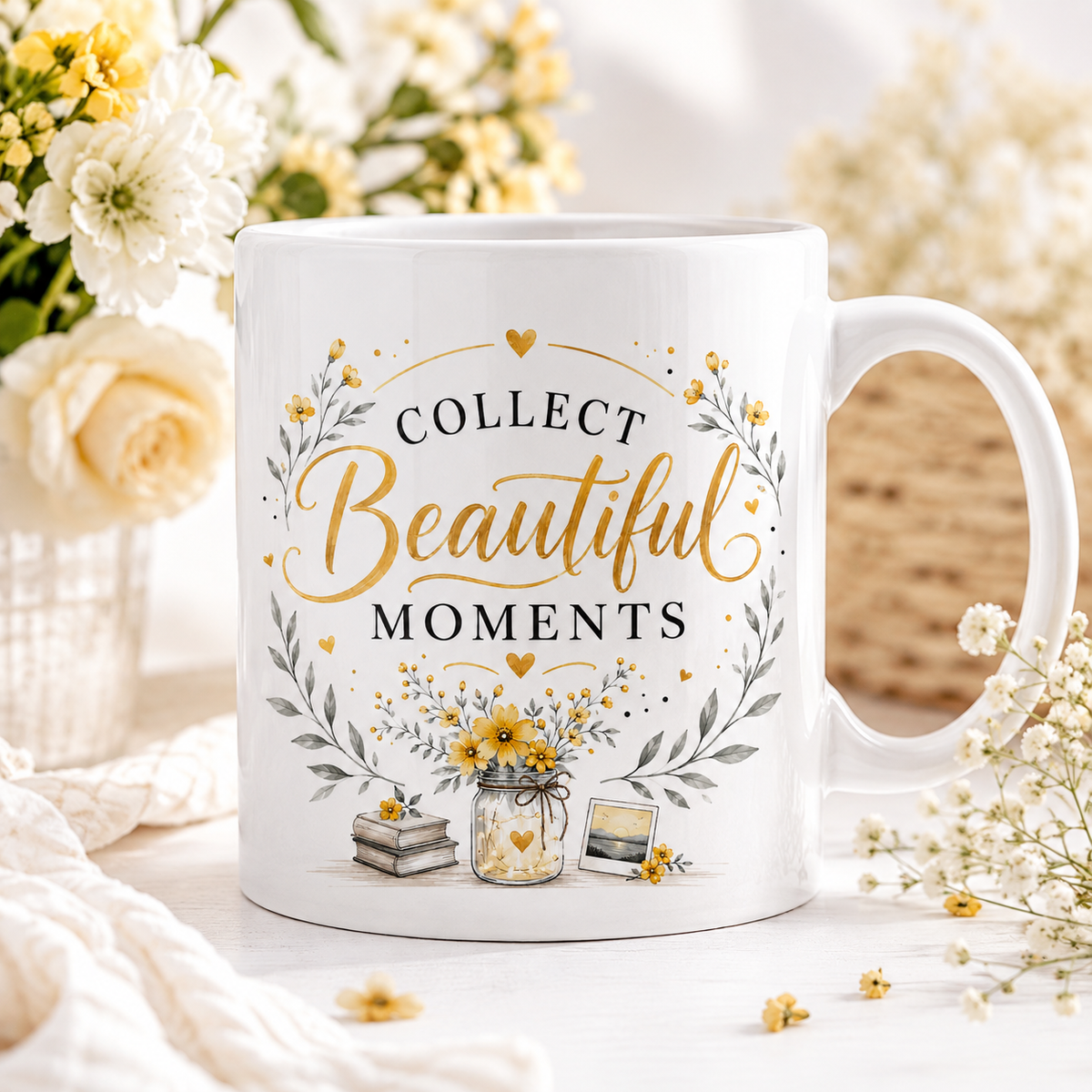 Collect Beautiful Moments 11oz white gloss ceramic mug with yellow floral inspirational design