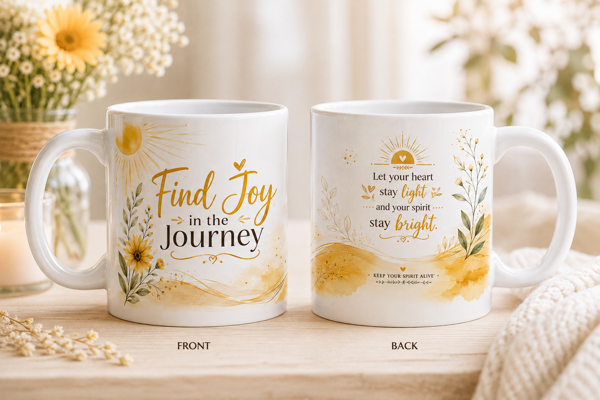 Find Joy in the Little Things 11oz white gloss ceramic mug with yellow floral design