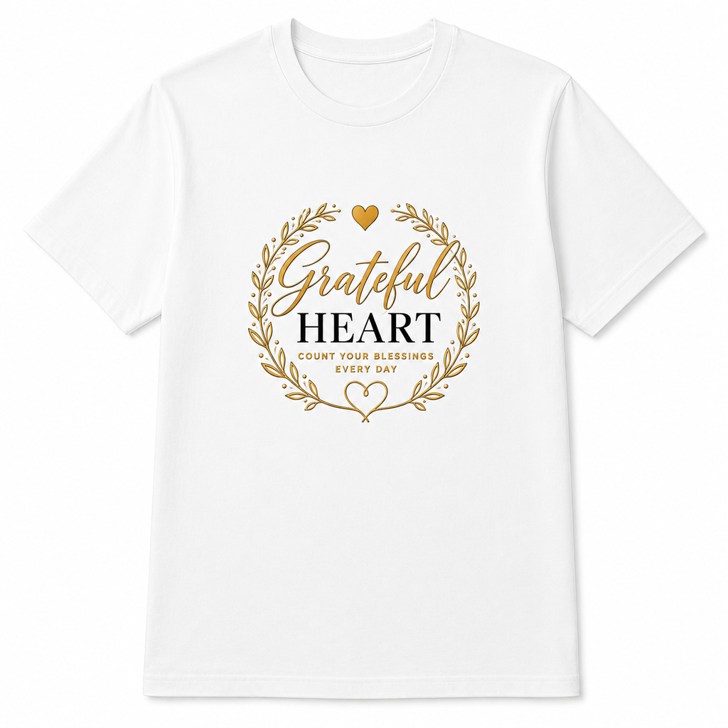 A white short-sleeve crewneck t-shirt with a gold and black graphic on the chest featuring a wreath, a heart, and the words 'Grateful HEART' and 'COUNT YOUR BLESSINGS EVERY DAY'.