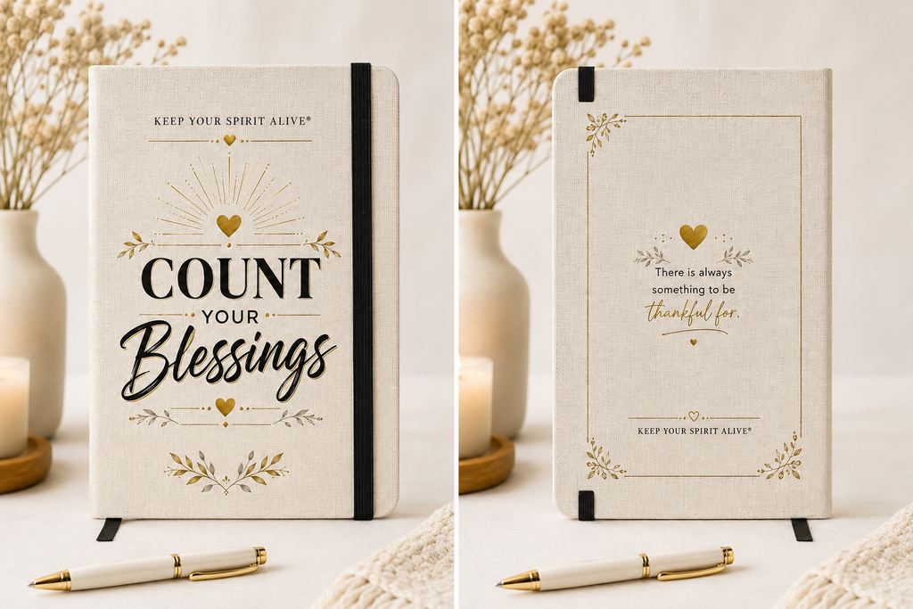 Two cream-colored hardcover notebooks with black and gold decorative text and floral accents, shown side by side on a light surface with dried flowers, candles, and a pen nearby.
