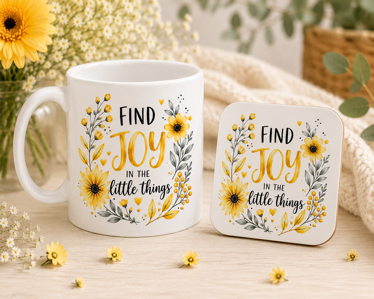 Find Joy in the Little Things mug and matching ceramic coaster gift set with yellow floral design