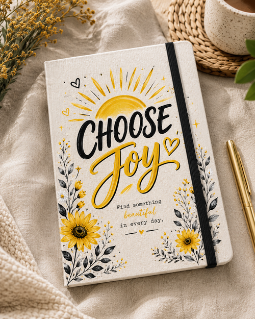 Choose Joy every day with this beautiful A6 linen notebook featuring an uplifting yellow and black design. A thoughtful inspirational gift from KYSA.