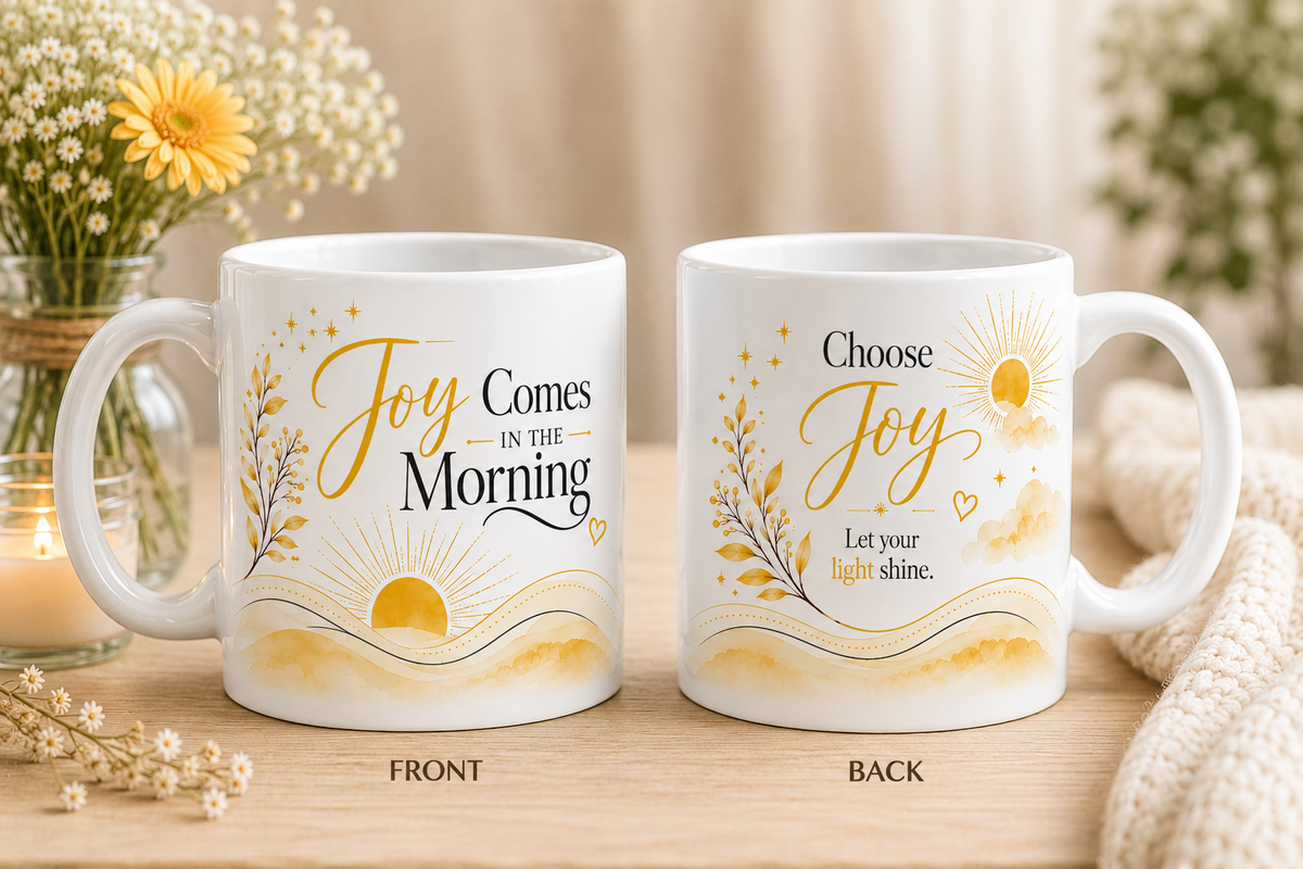 Joy Comes in the Morning 11oz white gloss ceramic mug with Choose Joy reverse design and golden sunrise artwork