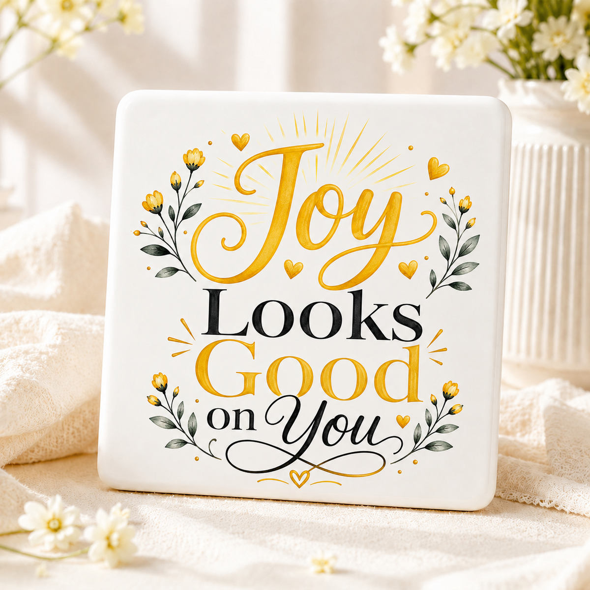 A square white decorative sign with rounded corners featuring the phrase “Joy Looks Good on You” in yellow and black script, surrounded by small yellow flowers, hearts, and green leaves. The sign is styled on a soft cream fabric with blurred white flowers in the background.