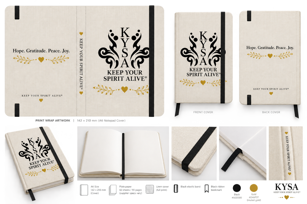 A product presentation of a KYS A 'Keep Your Spirit Alive' print wrap notebook cover, showing front, back, and side views along with close-up detail shots of the linen texture, black elastic band, and gold foil accents on a white background.