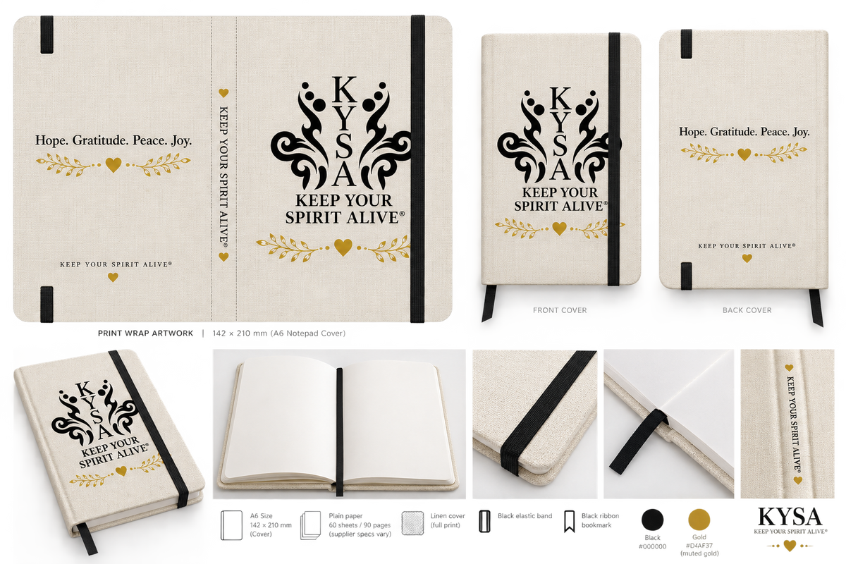 A product presentation of a KYS A 'Keep Your Spirit Alive' print wrap notebook cover, showing front, back, and side views along with close-up detail shots of the linen texture, black elastic band, and gold foil accents on a white background.