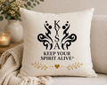 KYSA Core Signature 40 x 40 cm linen-look cushion with black Keep Your Spirit Alive logo and gold botanical heart detail