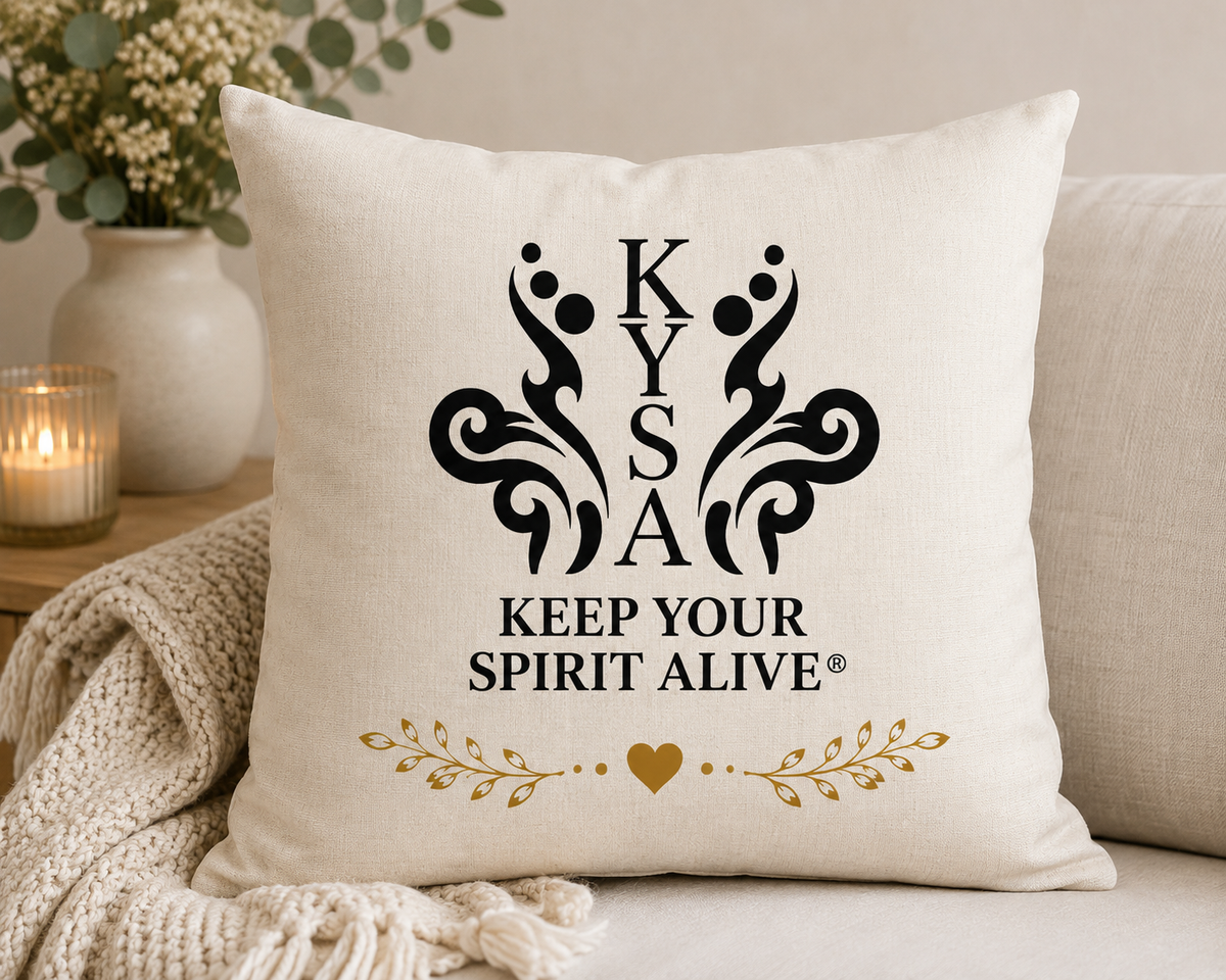 KYSA Core Signature 40 x 40 cm linen-look cushion with black Keep Your Spirit Alive logo and gold botanical heart detail