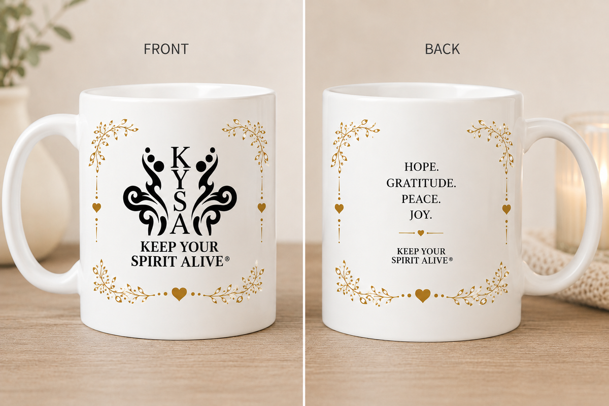 A beautiful everyday reminder of what matters most. Featuring the KYSA signature logo alongside Hope. Gratitude. Peace. Joy., this 11oz ceramic mug combines elegant gold botanical detailing with the uplifting spirit at the heart of Keep Your Spirit Alive®.