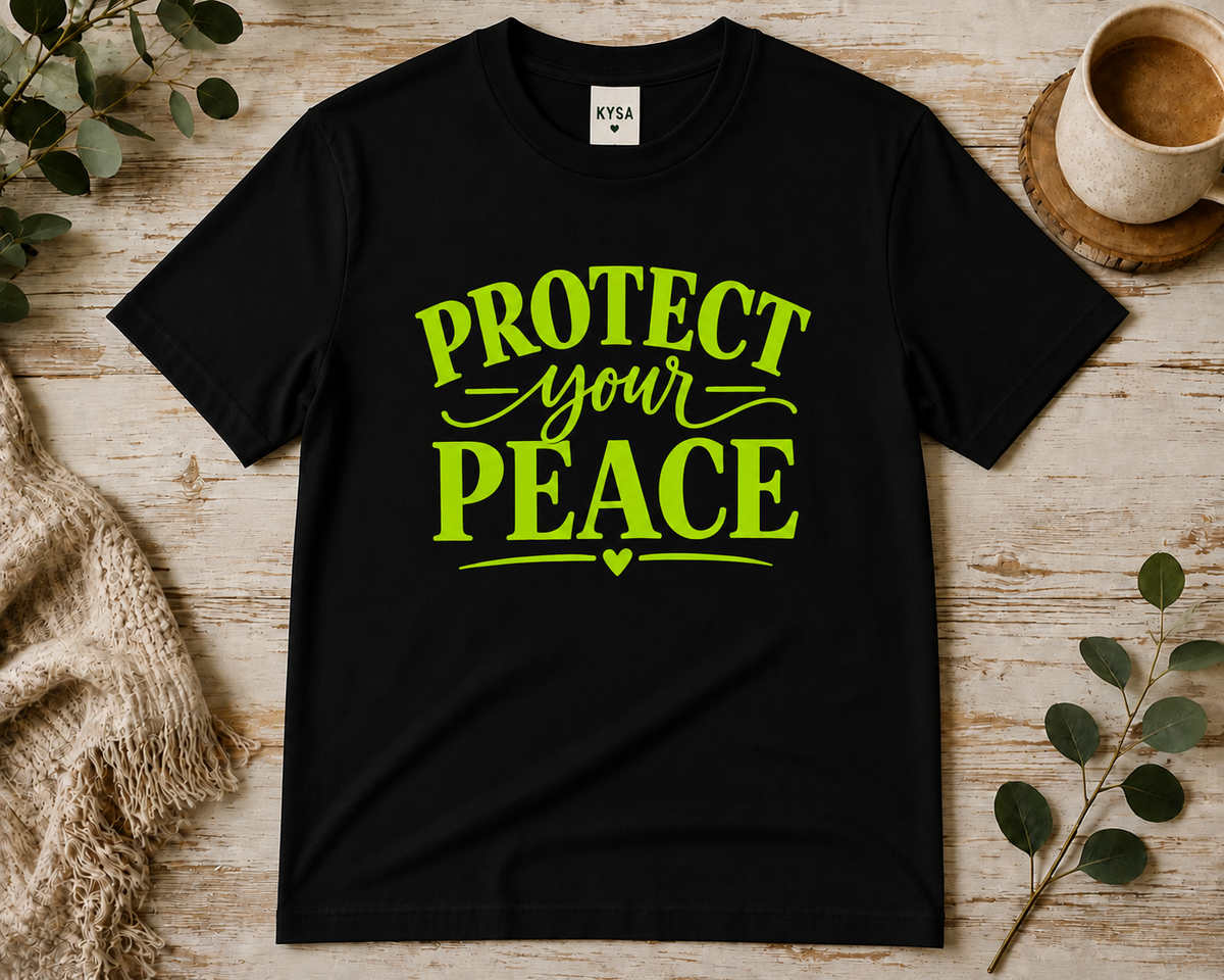 Black Protect Your Peace inspirational T-shirt with lime green lettering by Keep Your Spirit Alive®