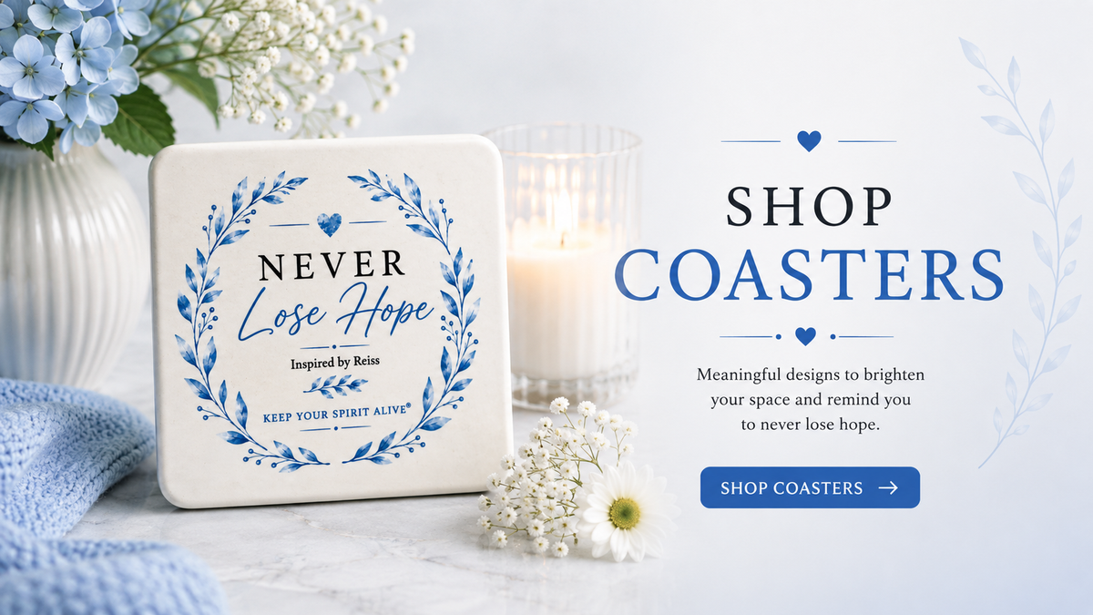 Ceramic coaster with Never Lise Hope Message, white and blue design.