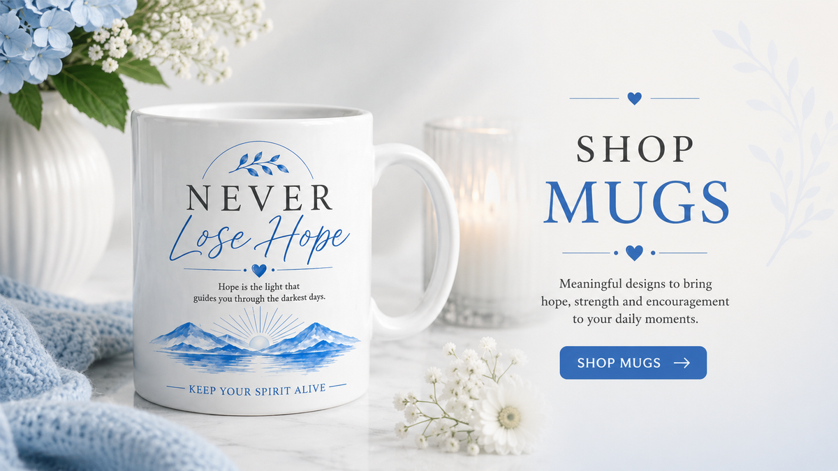 A white ceramic mug with blue and gray printed text and mountain artwork, styled on a light surface with flowers, a blue knit cloth, and a candle. To the right, promotional text reads 'SHOP MUGS' with a blue button.