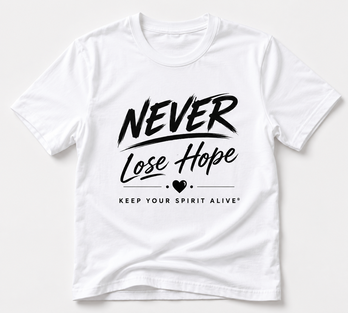 White Never Lose Hope T-shirt with black Keep Your Spirit Alive design
