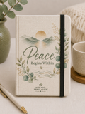 Peace Begins Within A6 linen notebook with sage green botanical design and black elastic closure by Keep Your Spirit Alive