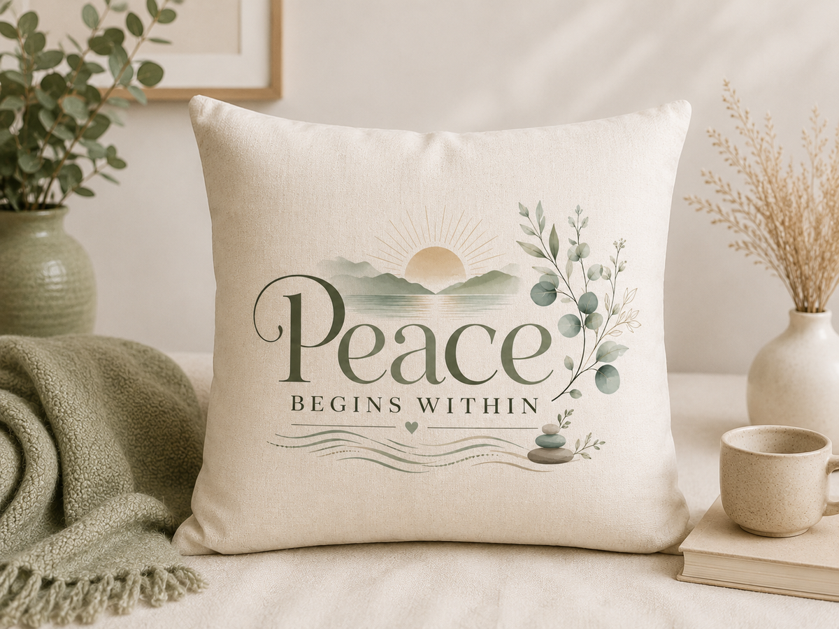 Peace Begins Within sage green inspirational 40x40cm cushion by Keep Your Spirit Alive