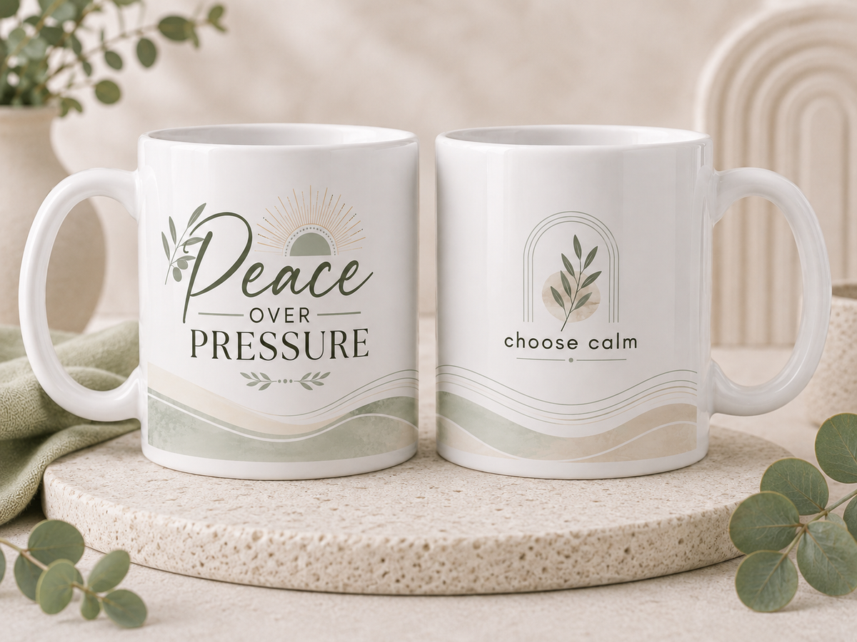 Peace Over Pressure Choose Calm 11oz white ceramic mug with sage green minimalist inspirational design