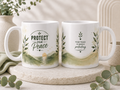 Protect Your Peace 11oz white ceramic mug with sage green landscape design and Your Peace Is Worth Protecting mess