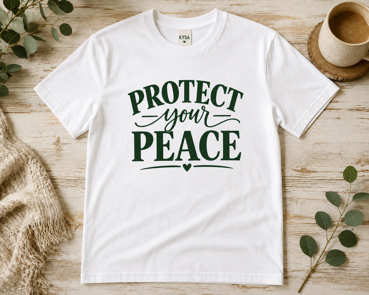 A white short-sleeve graphic T-shirt laid flat on a light wood surface, with dark green text reading “PROTECT your PEACE” and a small heart detail. The shirt is styled with eucalyptus leaves, a woven blanket, and a cup in the background.