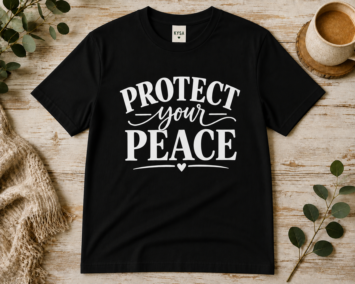 Black Protect Your Peace inspirational T-shirt with white lettering by Keep Your Spirit Alive®