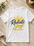White Radiate Joy inspirational T-shirt with yellow sun and black and gold lettering by Keep Your Spirit Alive®